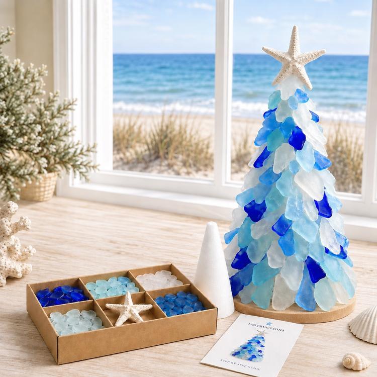 DIY sea glass Christmas tree craft with blue layered tree, star topper, and instruction sheet