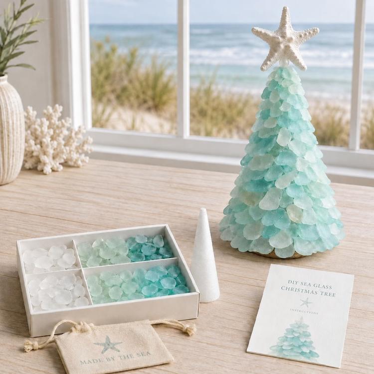 DIY sea glass Christmas tree craft with light teal layered tree and open accessory box