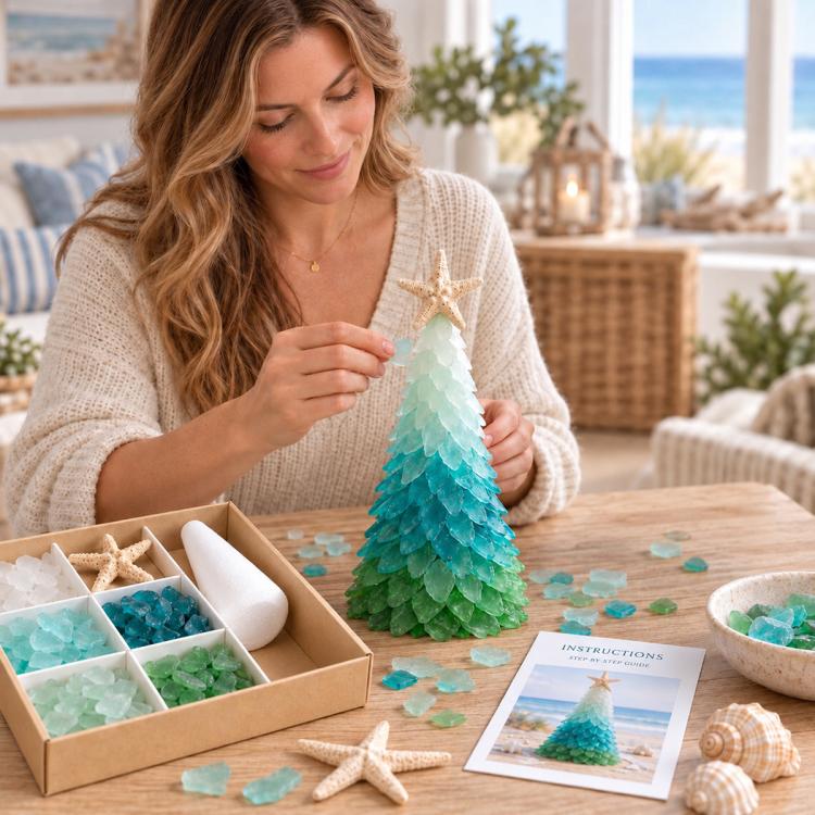 Person assembling a sea glass Christmas tree craft with open kit tray and star topper