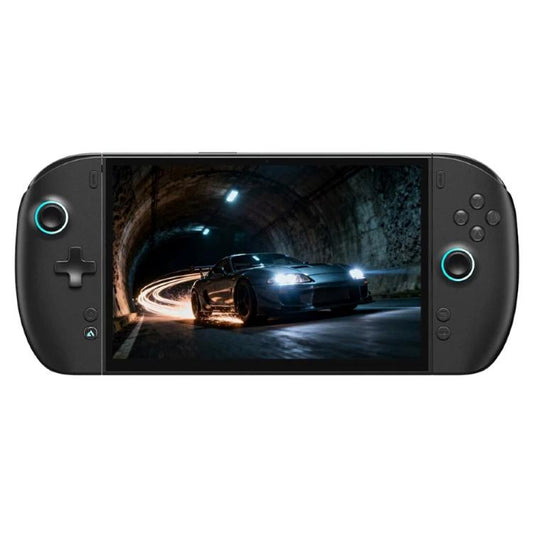 Angled view black handheld console with glowing blue buttons and game display