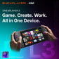 Hands holding black handheld console with colorful game tiles on screen
