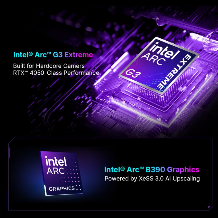Purple Intel Arc G3 Extreme graphics chip graphic for gaming performance
