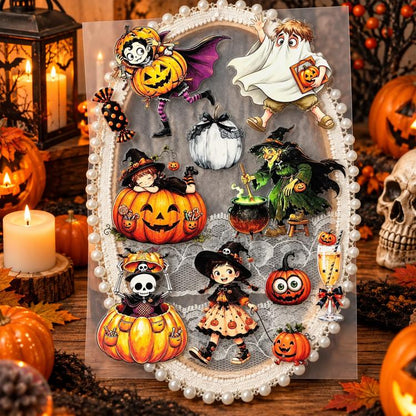Halloween cartoon sticker sheet with pearl border, kids in witch and pumpkin outfits