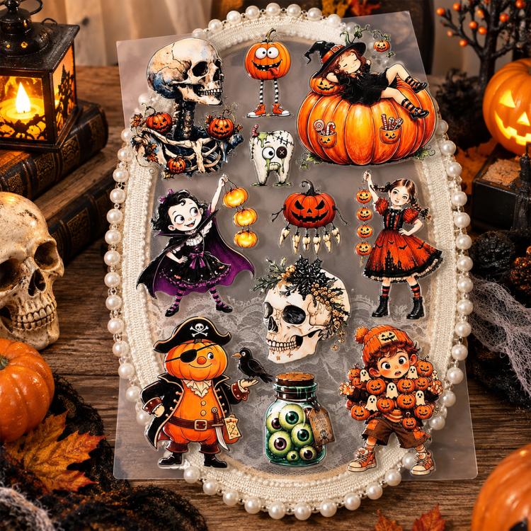 Halloween sticker sheet with cartoon skeleton, pumpkins, witches, and pearl border