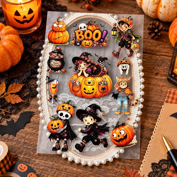 Halloween sticker sheet with cute ghosts, jack-o'-lantern pumpkins, and pearl border