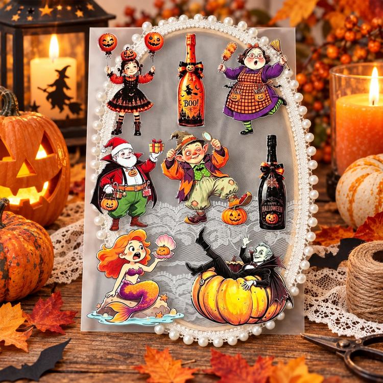 Halloween sticker sheet with cartoon kids, pumpkins, candles, and pearl border frame
