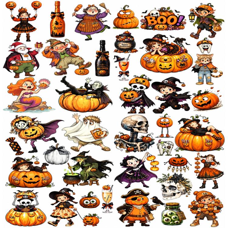 Halloween cartoon sticker set sheet with multiple character stickers on white background