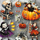 Close-up Halloween sticker sheet showing skull, pumpkin scarecrow, and black cat