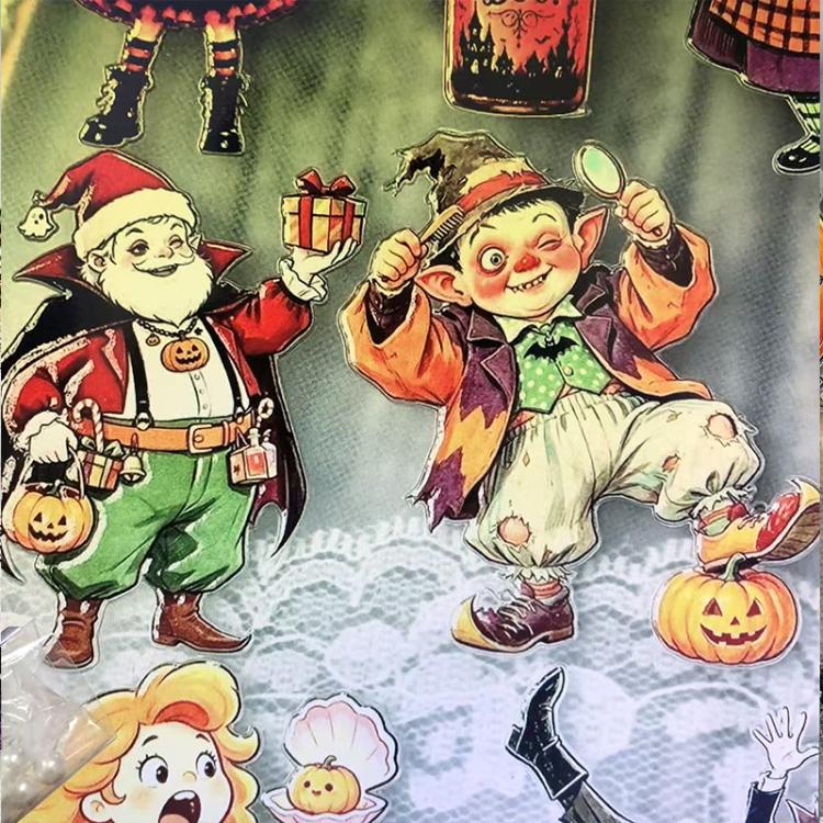 Close-up Halloween sticker sheet section with elf characters and jack-o'-lanterns