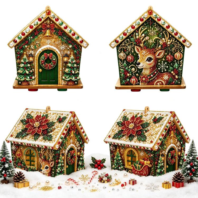 Set of Christmas house ornaments with pearl beads, rhinestones, and deer graphic accents