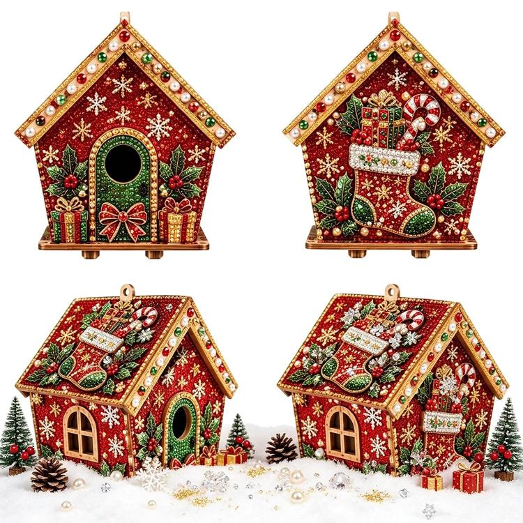 Set of Christmas house ornaments with red panels, beaded pearl trim, and rhinestone accents