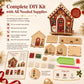 Complete DIY kit with wooden house pieces, rhinestones, and pearl beads for decorating