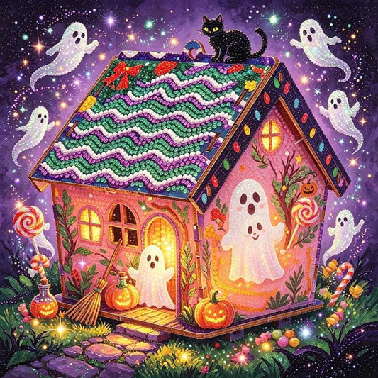 Beaded Halloween house decoration with ghost figures and black cat on top