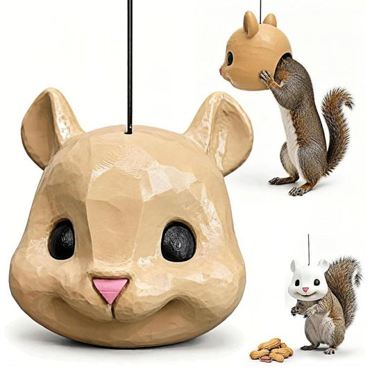 Light brown squirrel head hanging feeder, large eyes and pink triangular nose for outdoor gardens