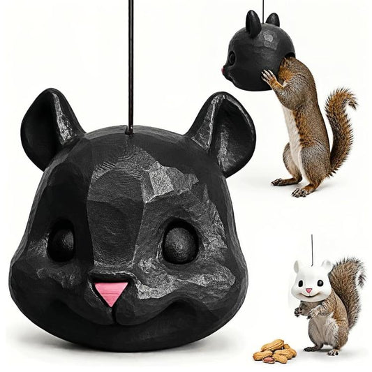 Black squirrel head hanging feeder with large eyes and pink triangular nose for outdoor gardens