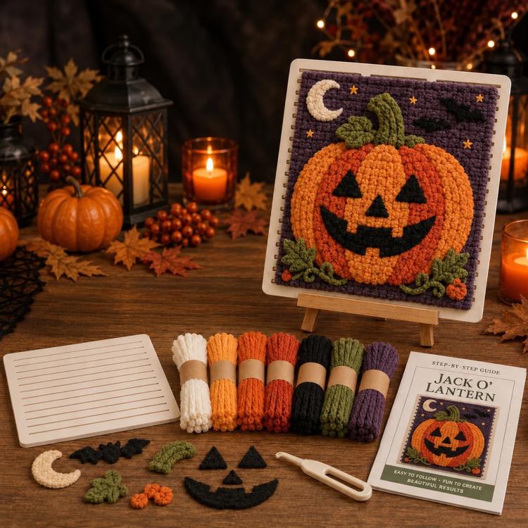 Halloween 3D fabric weaving quilt kit with pumpkin jack-o’-lantern design on canvas easel