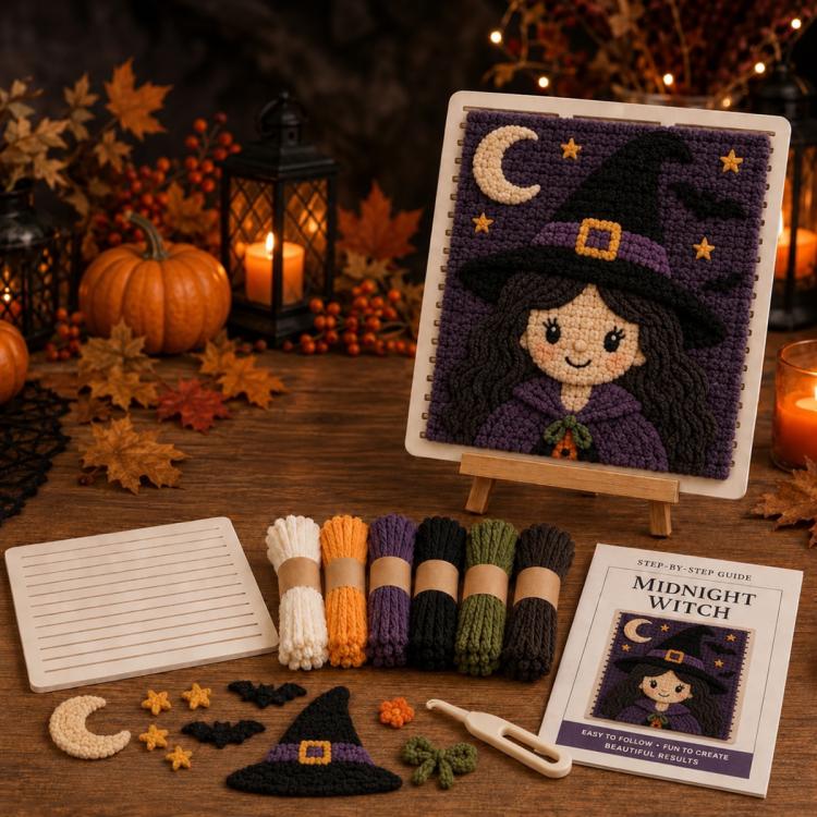 Halloween 3D fabric weaving quilt kit with witch silhouette design on canvas easel