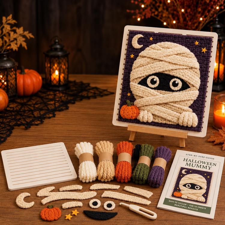 Halloween 3D fabric weaving quilt kit with mummy wrapped face design on canvas easel