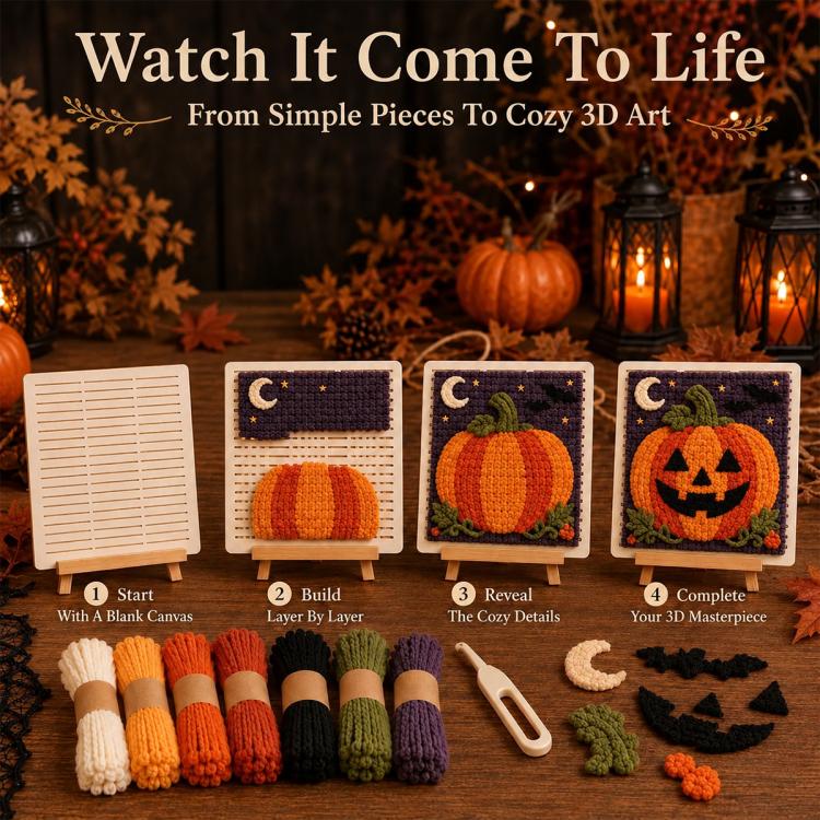 Halloween 3D fabric weaving quilt kit with step-by-step instructions and pumpkin pattern panels