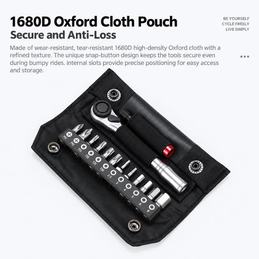 Black cloth tool pouch with ratchet handle, bit holder strip, and adapter sockets