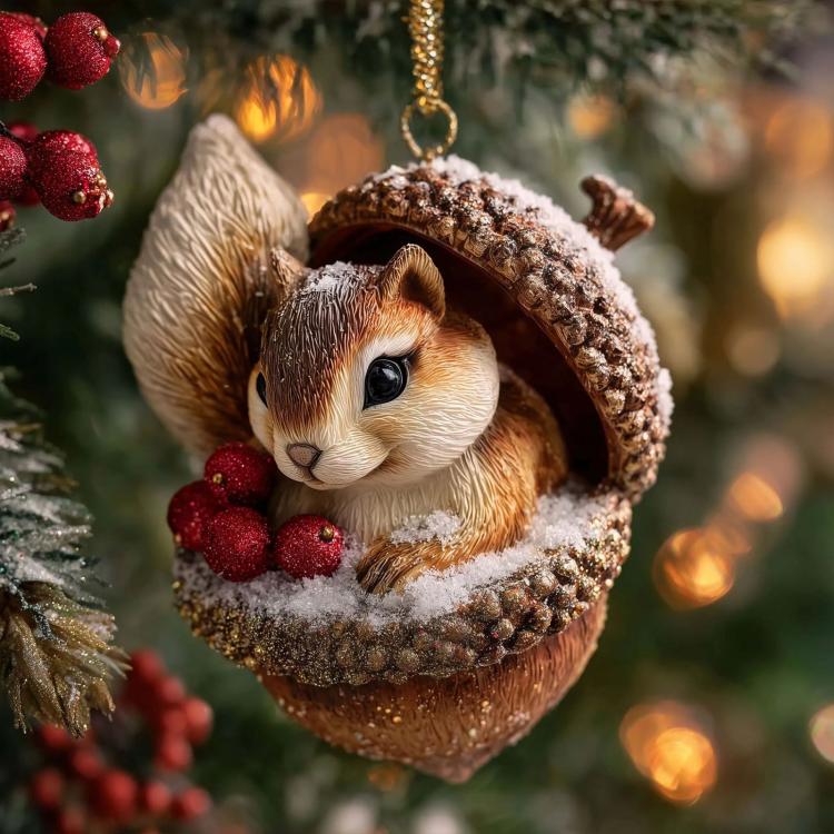 Squirrel Christmas ornament in a round berry wreath, snowy textured surface, gold hook