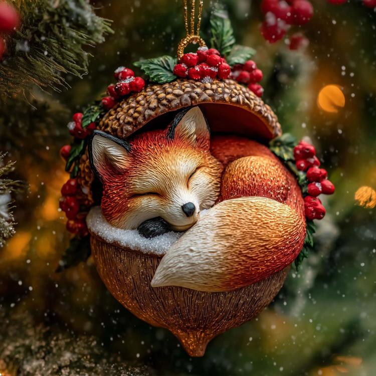 Fox Christmas ornament curled in a heart-shaped berry wreath with snowy accents