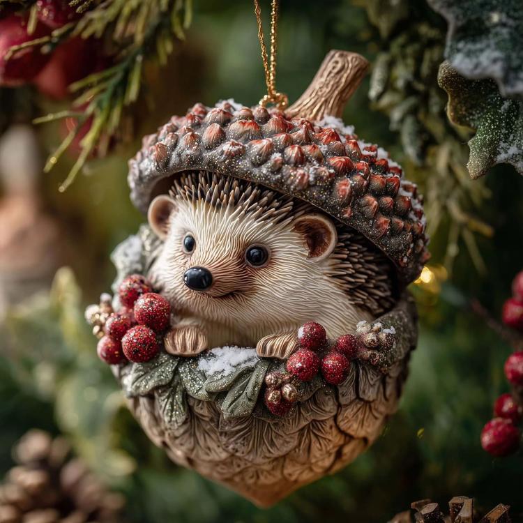 Hedgehog Christmas ornament with pine needles, red berry clusters, and a gold hanging loop