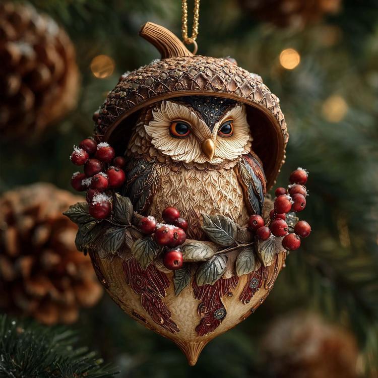 Owl Christmas ornament with leafy berry wreath, frosted details, and gold hanging loop