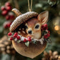 Rabbit Christmas ornament with frosted berries and pine leaves, textured hat, gold hook