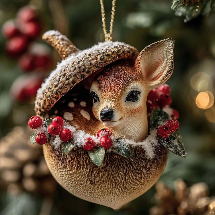 Rabbit Christmas ornament with frosted berries and pine leaves, textured hat, gold hook