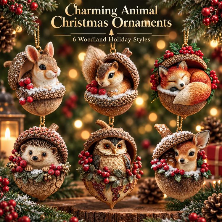 Woodland animal Christmas ornament set of six styles hanging on a tree with berry decor