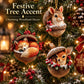 Hanging woodland animal ornaments: rabbit, fox, and deer with berry and snowy accents