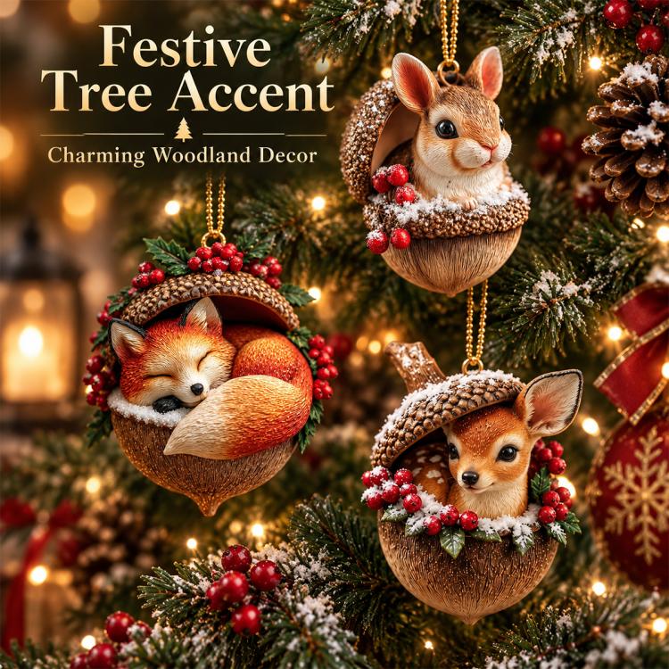 Hanging woodland animal ornaments: rabbit, fox, and deer with berry and snowy accents