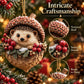 Hedgehog Christmas ornament with textured shell and snowy berry wreath, gold hanging loop