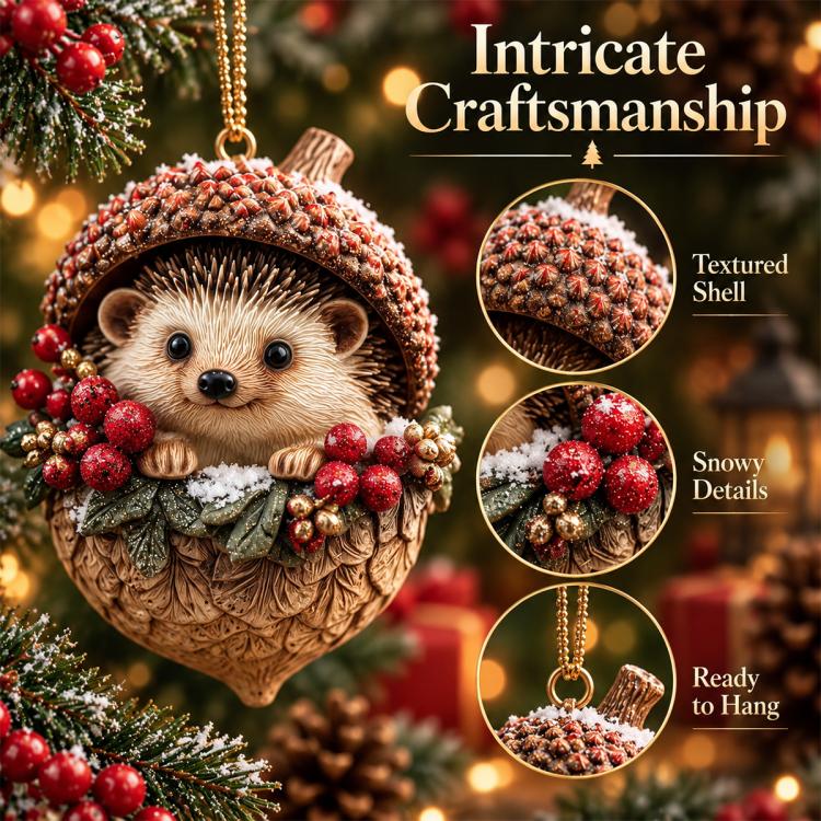 Hedgehog Christmas ornament with textured shell and snowy berry wreath, gold hanging loop