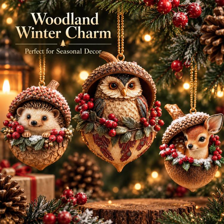 Woodland animal Christmas ornaments hanging: hedgehog, owl, and deer with berry garlands