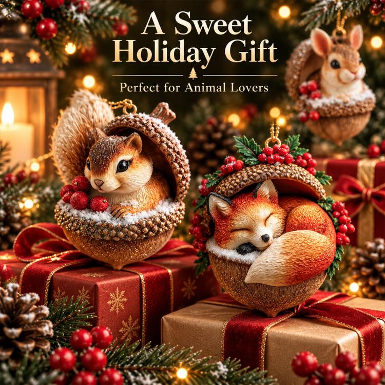 Woodland animal Christmas ornaments with bead-textured wreath and hanging loop