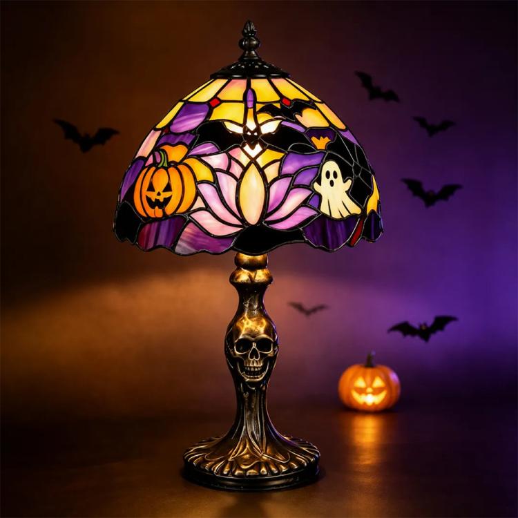 Halloween stained glass table lamp with purple-and-yellow shade, pumpkin and ghost, skull base.