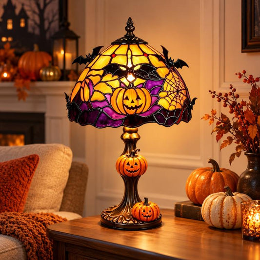 Halloween stained glass table lamp with purple shade featuring jack-o'-lantern, skeleton base.