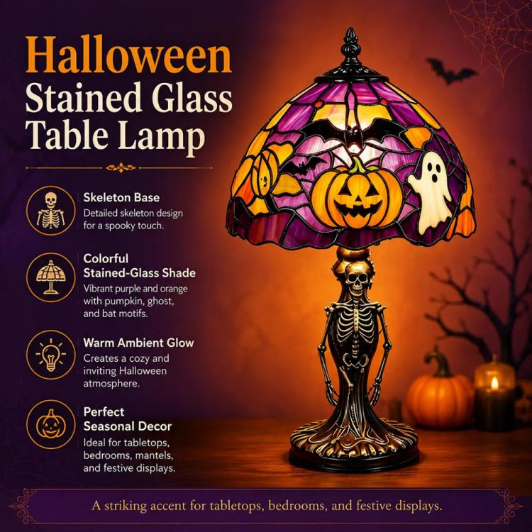 Halloween stained glass table lamp with purple shade showing pumpkin, ghost, and skeleton base.