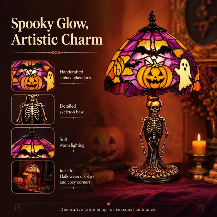 Halloween stained glass table lamp with purple shade, jack-o'-lantern and ghost, detailed skeleton base.