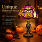 Unique Halloween stained glass table lamp with purple pumpkin-and-ghost shade and skeleton base.
