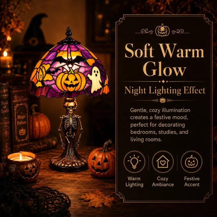 Halloween stained glass table lamp with purple shade showing jack-o'-lantern, ghost, skeleton base.