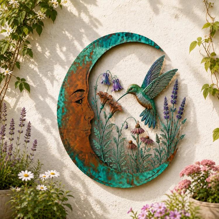 Moon-shaped wall decoration with hummingbird, wildflowers, and teal botanical details