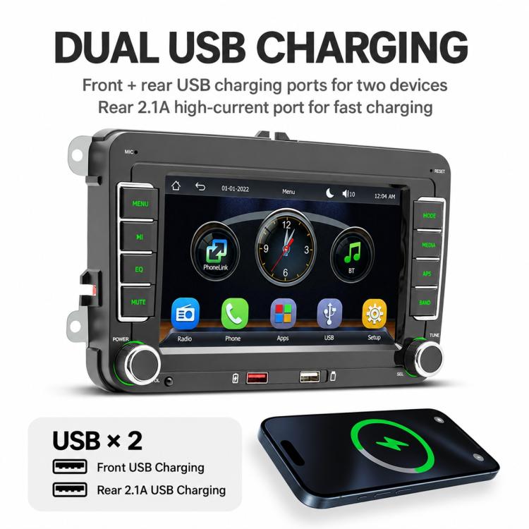 7-inch car stereo unit with dual USB charging ports and phone connectivity icons