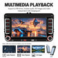 Car multimedia head unit with touchscreen showing video playback and media icons