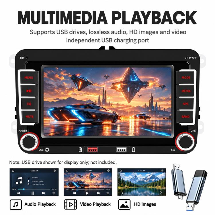 Car multimedia head unit with touchscreen showing video playback and media icons