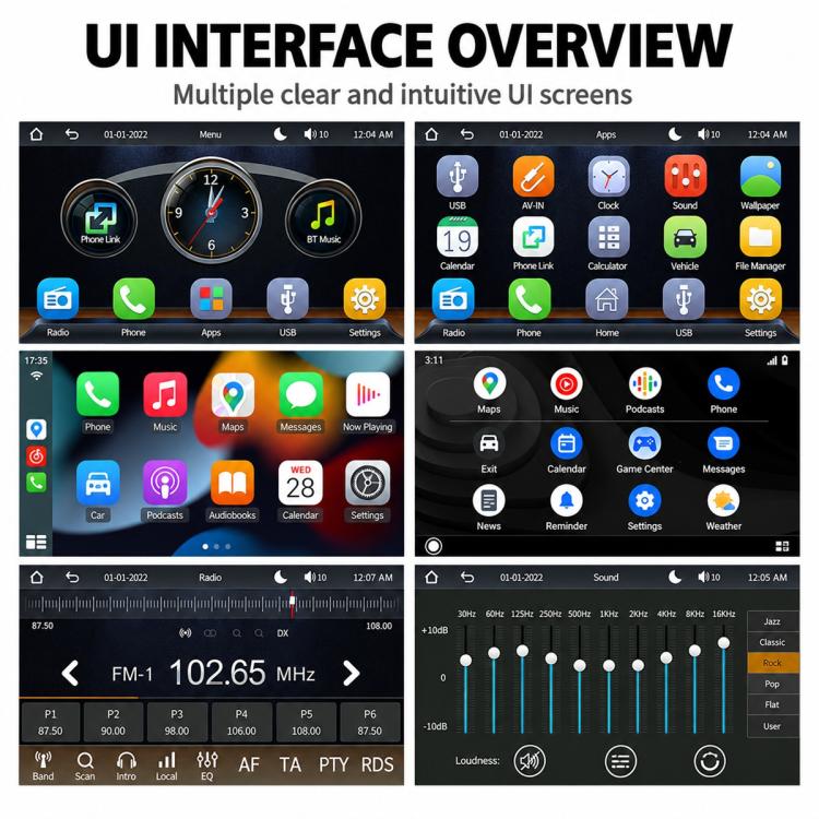 Car stereo UI grid view showing apps, music, phone, settings, and audio controls