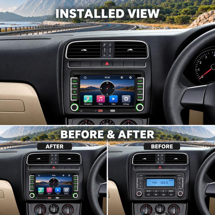 Car MP5 player installed on dashboard with touchscreen and surrounding vents