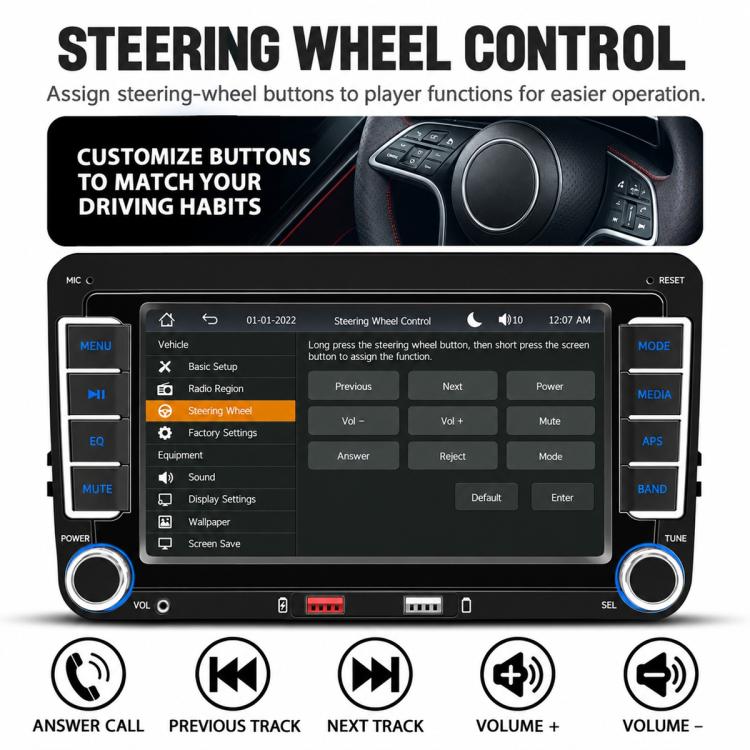 Car MP5 player with steering wheel control settings displayed on the touchscreen